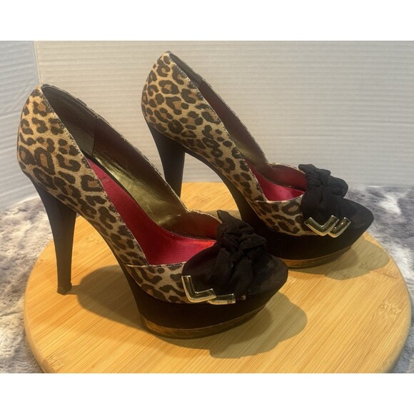 Sam Edelman Circus Leigh Boudoir platform pumps Stilettos leopard Faux Suede Bow - Picture 2 of 9